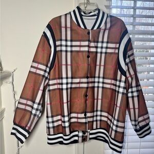 Checkered Bomber Jacket with Black and White Accents, No Brand